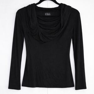 Jeknit Black Draped Cowl Neck Long Sleeve Top – S/M